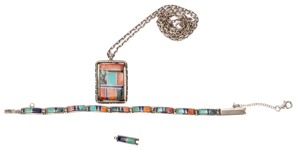 Signed Sterling Navajo Inlaid Jewelry Lot (1 of 8)