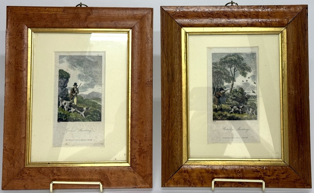 1809 Partridge & Grouse Shooting Sporting Prints: Item/Description: Two hand-colored engraved sporting plate prints of game bird hunting, titled "Partridge Shooting" and "Grouse Shooting", published October 1809. Each depicting a gentleman shooting