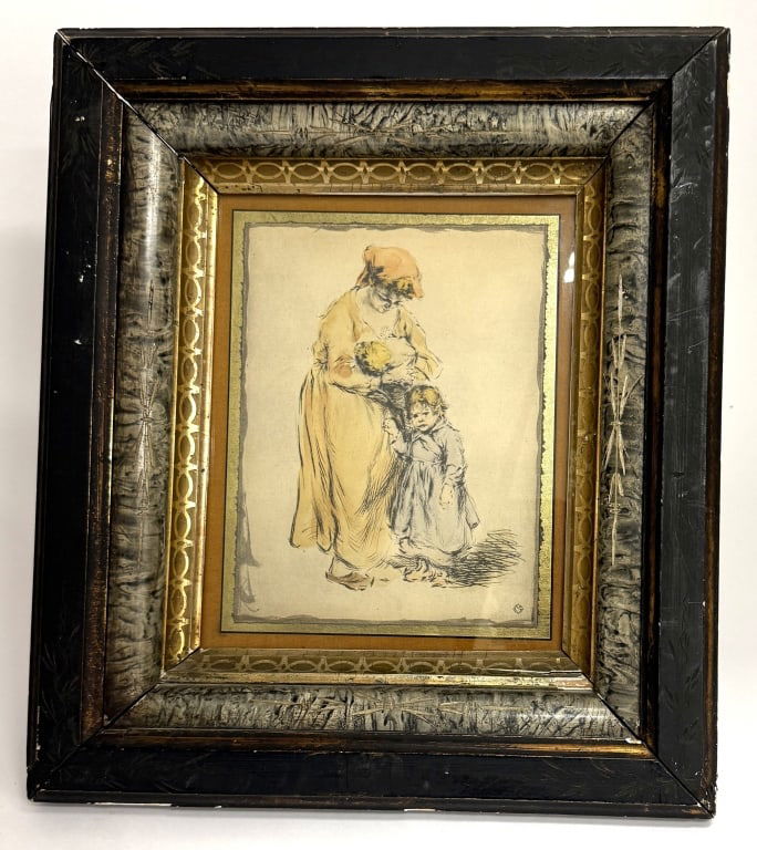 Arthur Heintzelman "Famille Suisse" Colonial Print: Item/Description: Early 20th century art print titled "Famille Suisse" by Arthur Heintzelman depicting a mother and child. Original wood frame with aged backing paper and nail-secured construction.