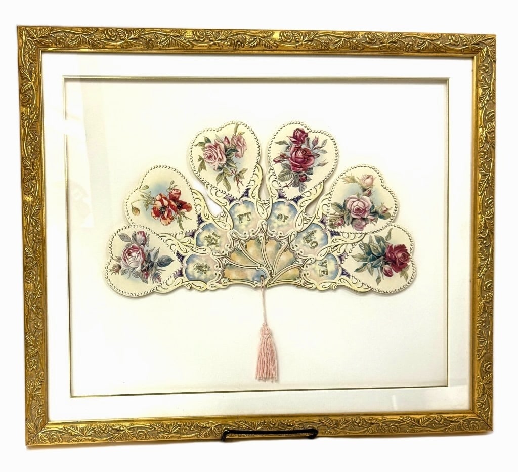 Victorian "A Gift of Love" Die-Cut Lover's Fan: Item/Description: Paper die-cut fan, often referred to as a "lover's fan" or "Valentine fan". The fan is constructed from embossed, die-cut paper, featuring detailed floral illustrations of roses. 
