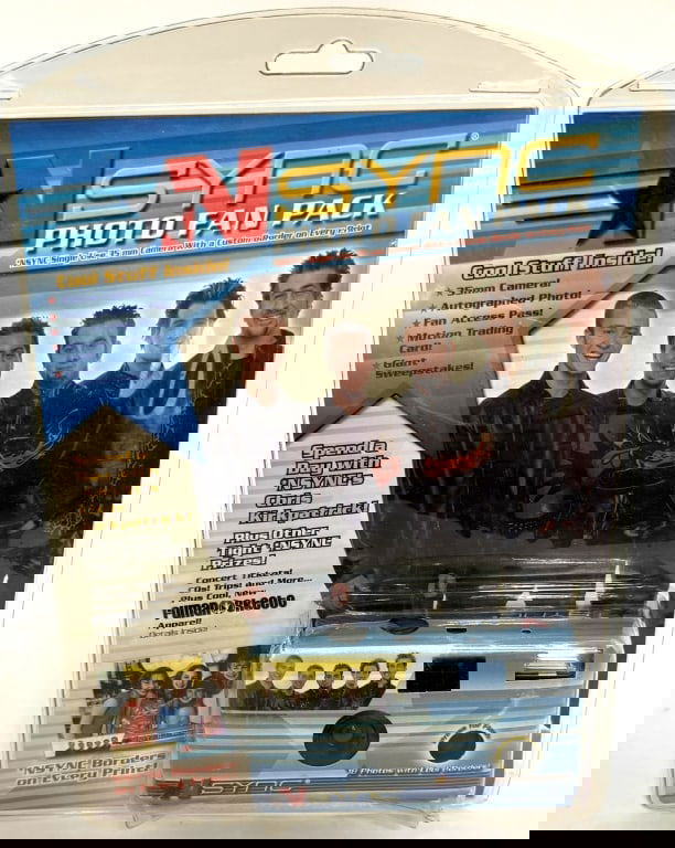 NSYNC Boy Band Fan Pack with Autographed Photo: Items/Description:Official NSYNC Photo Fan Pack, released in the early 2000s. The pack is a piece of pop music memorabilia that functions as both a collectible set and a single-use 35mm film camera,