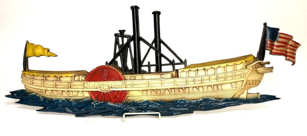 Historical "Knickerbocker" Steamboat Wall Plaque: Item/Description: A mid-20th century cast metal plaque of the historical American "Knickerbocker" steamboat originally built in 1843 by Smith and Dimon of New York, with her engine made by the West