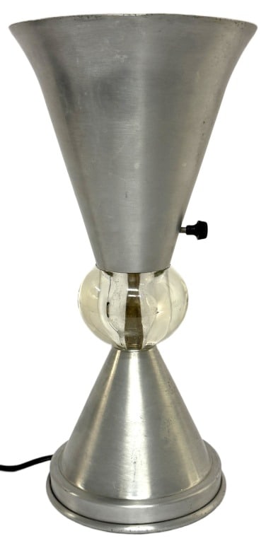 Art Deco Aluminum Industrial Torchiere Lamp: Item/Description: Vintage Art Deco or Machine Age style table lamp, typically produced in the United States around the 1930s to 1950s. The modernist style is modernist, features an "hourglass" or