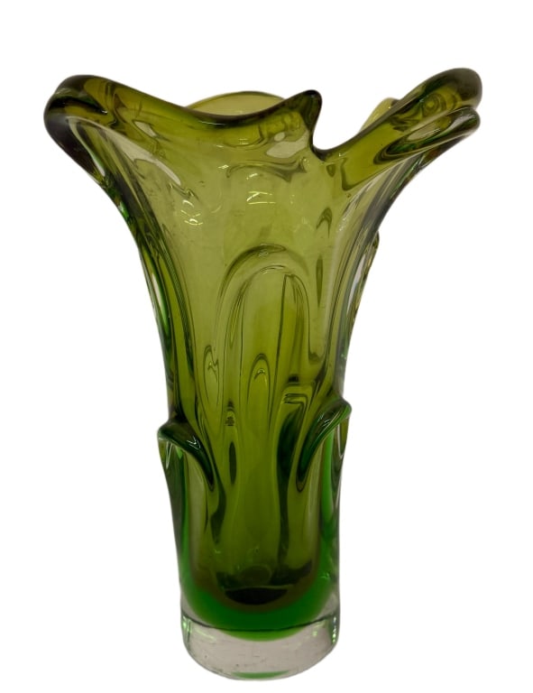 Mid Century Czech Green Art Glass Vase: Item/Description: Mid-century modern glass vase features an organic, artistic form. Vibrant avocado to emerald green colors. Unmarked. Attributed to Josef Hospodka. (Swung Glass, Czech Republic,