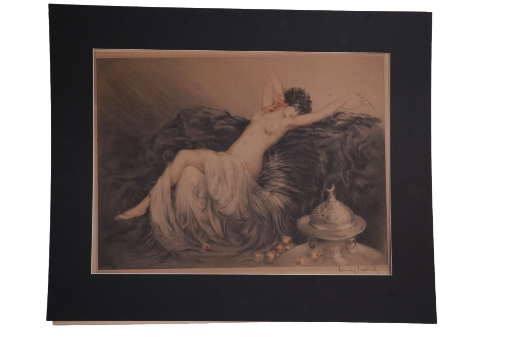Louis Icart "Smoke" Art Deco Nude Etching: Item/Description: Art Deco etching titled "Smoke (Fumee)" created by French artist Louis Icart in 1926. Etching and aquatint, printed with color and hand-coloring, depicting a reclining nude woman, en