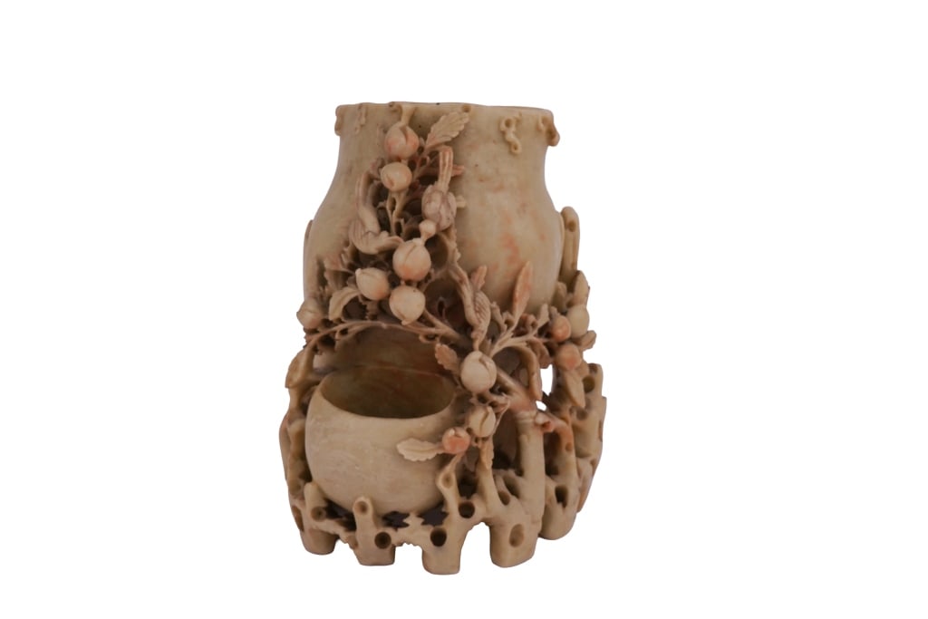 Antique Chinese Hand-Carved Soapstone Brush Pot: Item/Description: Chinese hand-carved soapstone brush pot (bitong) or dual-compartment vase, early 20th century, carved from a single block of variegated stone in mottled cream, tan, and pale pink