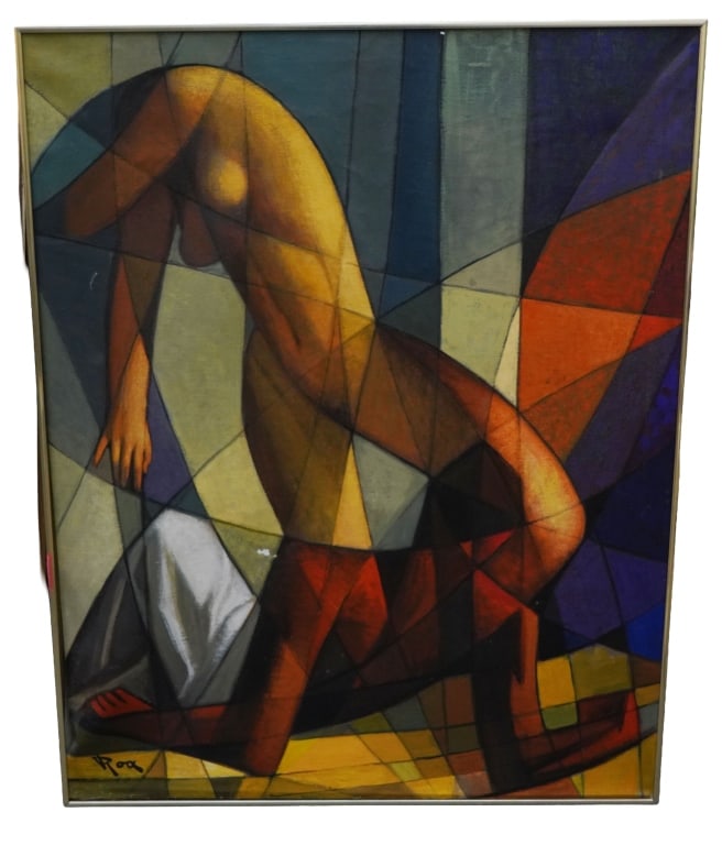 Roa - Cubist Figural Oil Painting: Item/Description: Original, modernist cubism painting featuring a nude female figure standing over a reclining male form. Composed of fragmented geometric shapes and vibrant, contrasting colors.