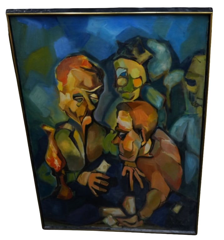 Cubist Abstract Figural Oil Painting: Item/Description: Original abstract, cubist-style painting depicting several figures. Unknown artist, No noticeable signature. Gilt and ebonized wood frame. (Modernist, Expressionist) Material: Oil