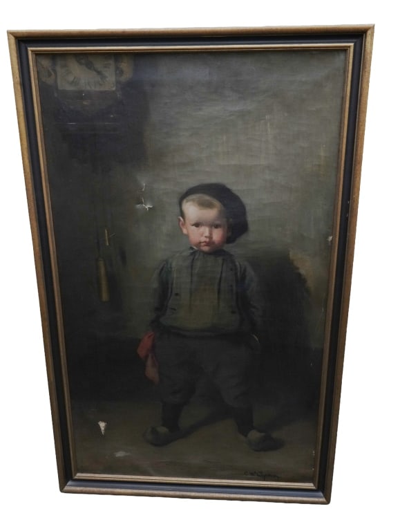 Clara T. McChesney - Portrait of a Dutch Boy: Item/Description: Large somber portrait painting of a young boy, dressed in period clothing, wearing a baker boy cap and klompen wood clogs. Weight driven wall clock hanging behind him. Signed lower