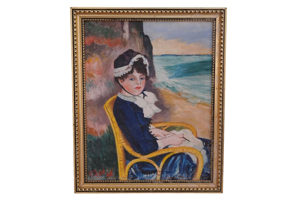 Portrait After Pierre-Auguste Renoir: Item/Description: Oil painting after Pierre-Auguste Renoir's 'By the Seashore' (1883), depicting a woman seated in a wicker chair against a seaside background. Signed and dated in red lower right: R.