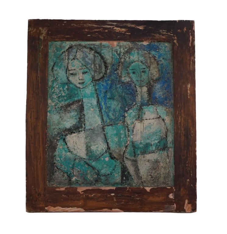 Modernist Cubism Figural Oil Painting: Item/Description: Abstract, cubist painting features two female figures. Painted in blue hues with black outlines. Unknown artist. Illegible signature to back. Painted wood frame. Material: Oil on