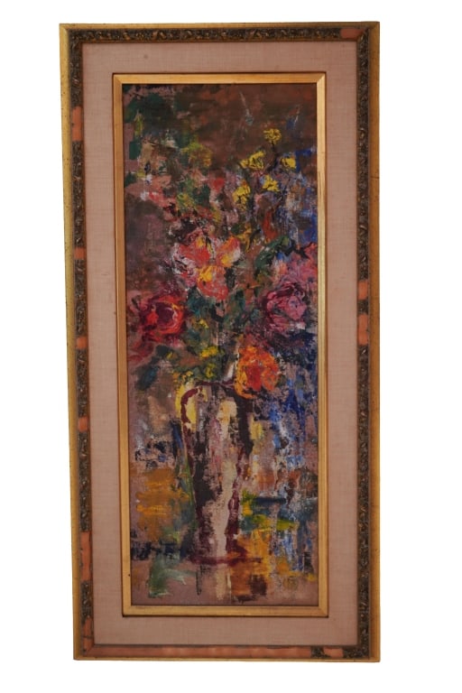 Impressionist Floral Still Life Oil Painting: Item/Description: Original impressionism painting, of flowers in a vase, features bright, vibrant colors applied in an impasto style. Unknown artist, no noticeable signature. Back of board has a