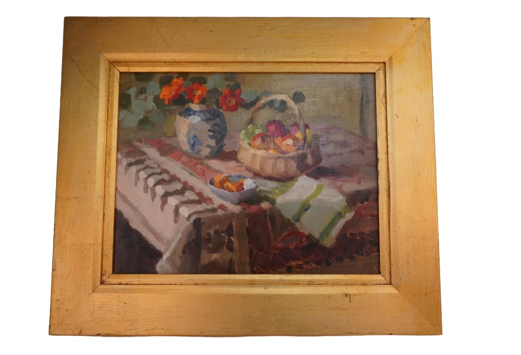 Viginia Jacobs - Still Life Oil Painting: Item/Description: Gilt framed still life oil painting features table setting with fruit and flowers. Signed lower right: "Jacobs 04". Info label adhered to backing: Virginia Jacobs. 2004. "Gerberas