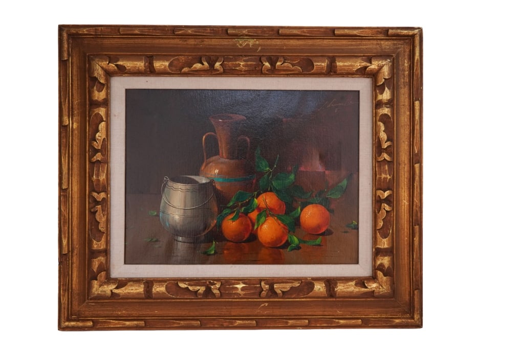Salvatore Langella - Still Life Oil: Item/Description: Still life oil painting featuring oranges with leaves, a metallic vessel, and a handled vase. Signed upper right: S. Langella. Carved gilt wood frame.Salvatore Langella (Italian,