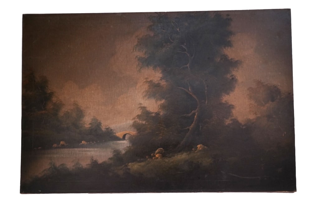 Hudson River Landscape Oil Painting: Item/Description: Original oil painting depicting a wooded landscape scene with a river and a small bridge in the distance. Hazy, romantic view with dramatic light and shadow. Unknown artist. No notic