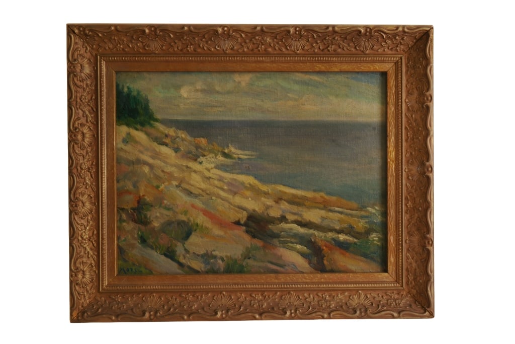 Morel - Impressionist Coastal Landscape Painting: Item/Description: Original impressionism oil painting depicting a rocky coastline and seascape. Signed lower left: "Morel". Titled on label adhered en verso: "Sea View". Also reads in part: Recorded