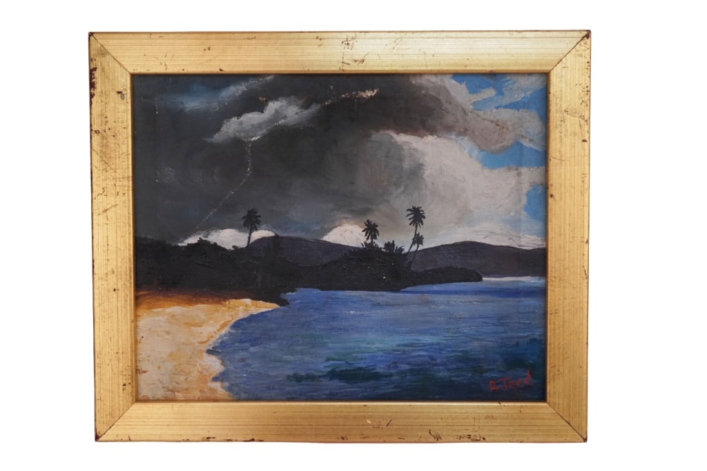 Tropical Landscape with Stormy Skies: Item/Description: Original painting of a dramatic seaside scene under threatening, dark storm clouds, and palm trees. Signed in red lower right: "R. Teed". Gilt wood frame. Material: Oil on Canvas Dim