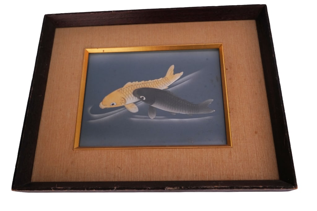 Signed Japanese Koi Carved Painting: Item/Description: Original carved painting on board depicting two koi fish swimming, surrounded by blue water. The pair of koi symbolizes yin yang, harmony, balance, and good luck. Signed lower right.