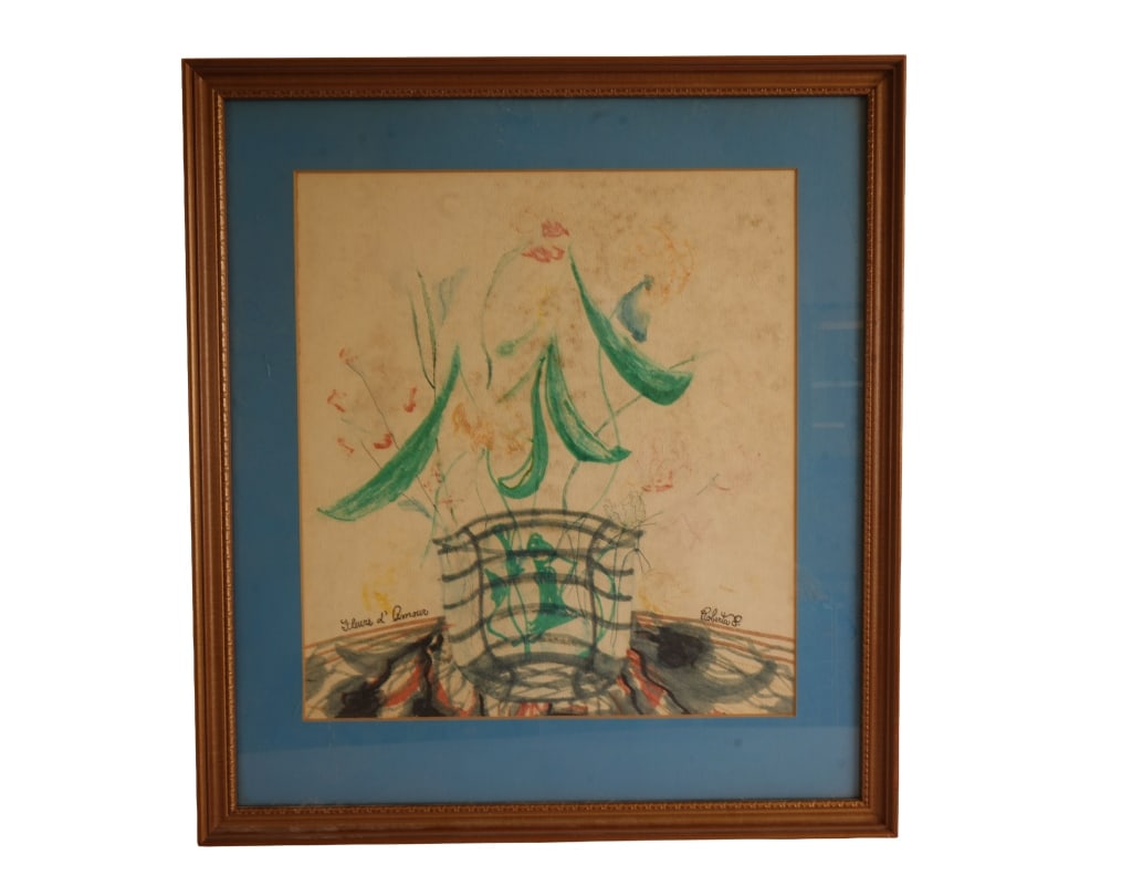 Watercolor Still Life - Fleurs L'Amour: Item/Description: Original watercolor painting titled "Fleurs L'Amour (Flowers of Love)" Signed: "Roberta E." in lower right. Features a stylized vase of leafy flowers in a delicate, sketch-like style