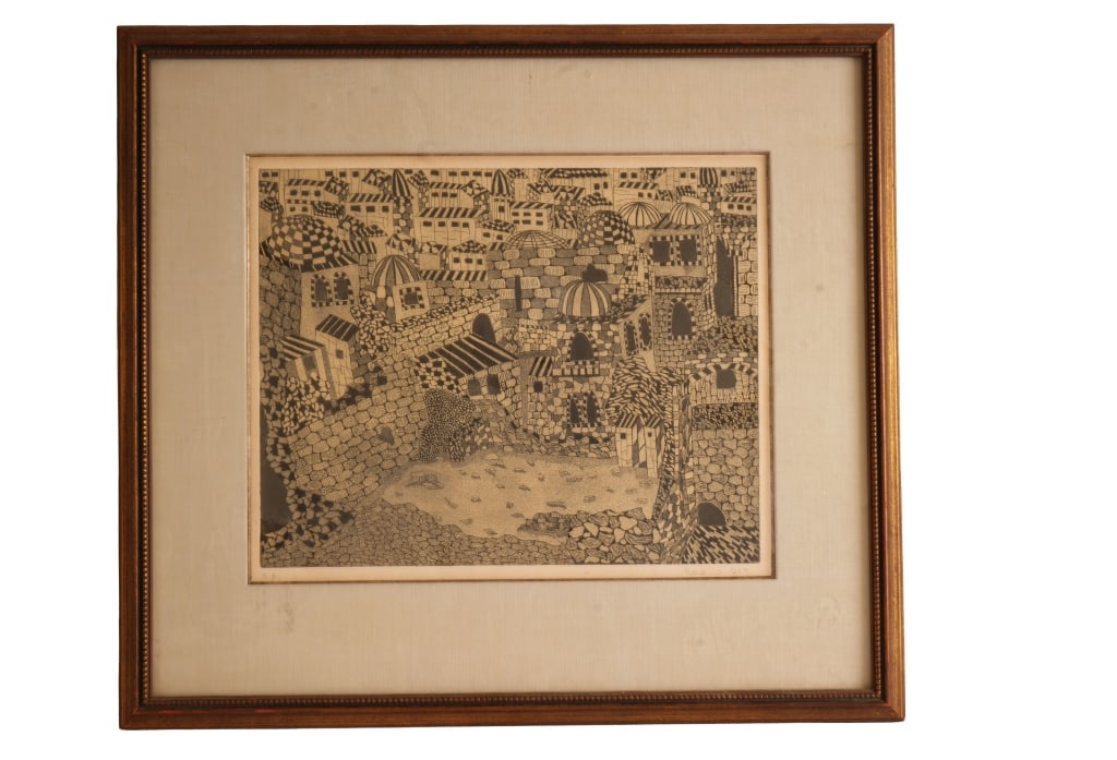 Roni Tzemach - Line Drawing Cityscape Artist Print: Item/Description: Stylized, patterned cityscape. Marked A.P. (Artist Print) lower left. Signed in lower right in Hebrew "Roni Tzemach". Ariel view of village featuring stonework and dome roof details.