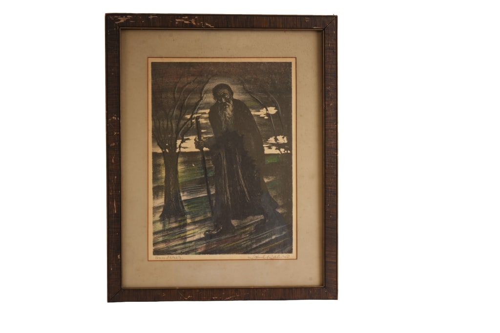 Saul Rabino "Wanderer" Pencil Signed Lithograph: Item/Description: Hand colored, pencil signed, and titled "Wanderer" lithograph by Saul Rabino (Russian-American, 1892-1969). Depicts a bearded man holding a staff. (Judaica) Material: Lithograph on P
