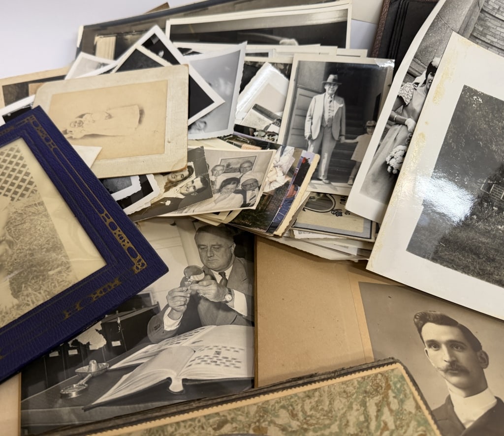 Large Assorted Antique Photograph Lot: Item/Description: A large assortment of antique and vintage black and white photographs, including cabinet cards, studio portraits, family snapshots, and mounted prints. The collection includes about