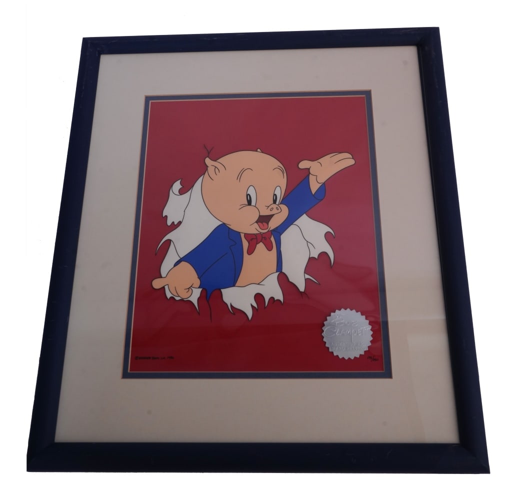 Warner Bros. Limited Porky Pig Animation Cel: Item/Description: 1986 Warner Bros. limited edition Porky Pig hand-painted cartoon cel. Limited edition numbered #175/250 with embossed seal. COA on back. Material: Celluloid, Wood Frame Dimensions: I