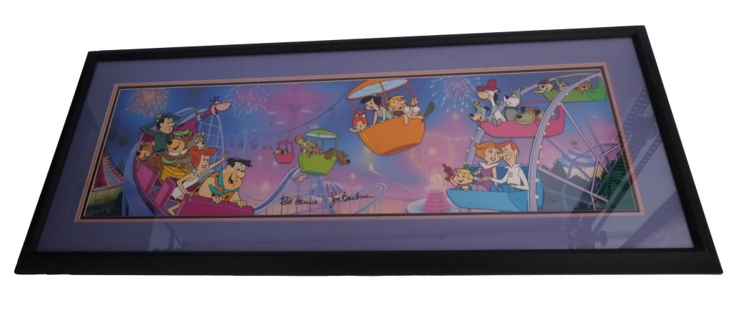 Hanna-Barbera Theme Park Signed Animation Cel: Item/Description: Hanna-Barbera theme park animation cel featuring The Flintstones, Scooby-Doo, and The Jetsons. Original hand-painted cartoon cel, hand-signed by Bill Hanna and Joe Barbera. Limited