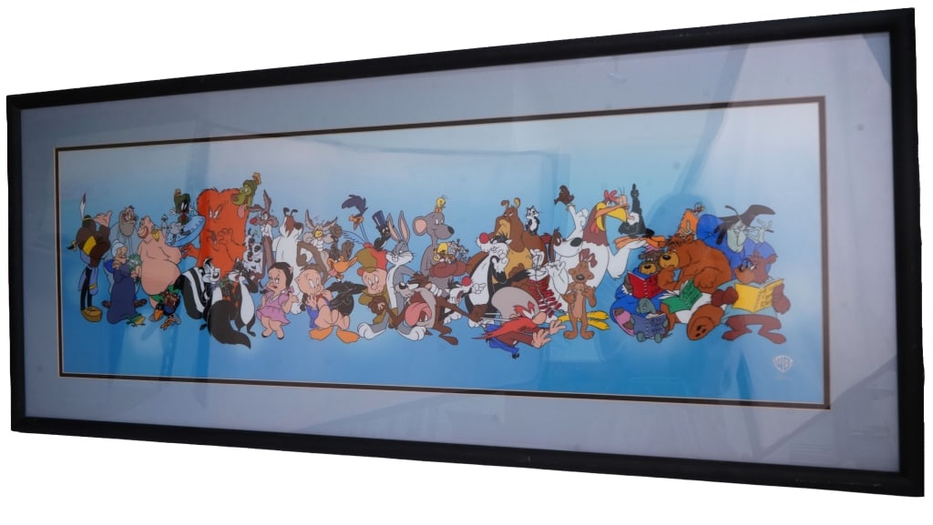 Warner Bros Looney Tunes Lineup Animation Cel: Item/Description: 1995 Warner Bros. Looney Tunes full character lineup cartoon animation cel. Material: Celluloid, Wood Frame Dimensions: Image size: Height: 13 1/2"; Width: 41 1/2". Framed: Height: 2