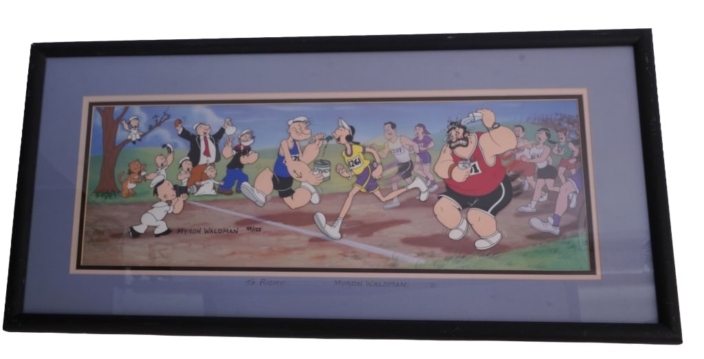 Popeye "Strong to the Finish" Signed Animation Cel: Item/Description: 1993 Popeye "Strong to the Finish" marathon scene hand-painted cartoon cel. Mat is signed by Myron Waldman and inscribed "To Ricky". Limited edition signed and numbered #49/125. 