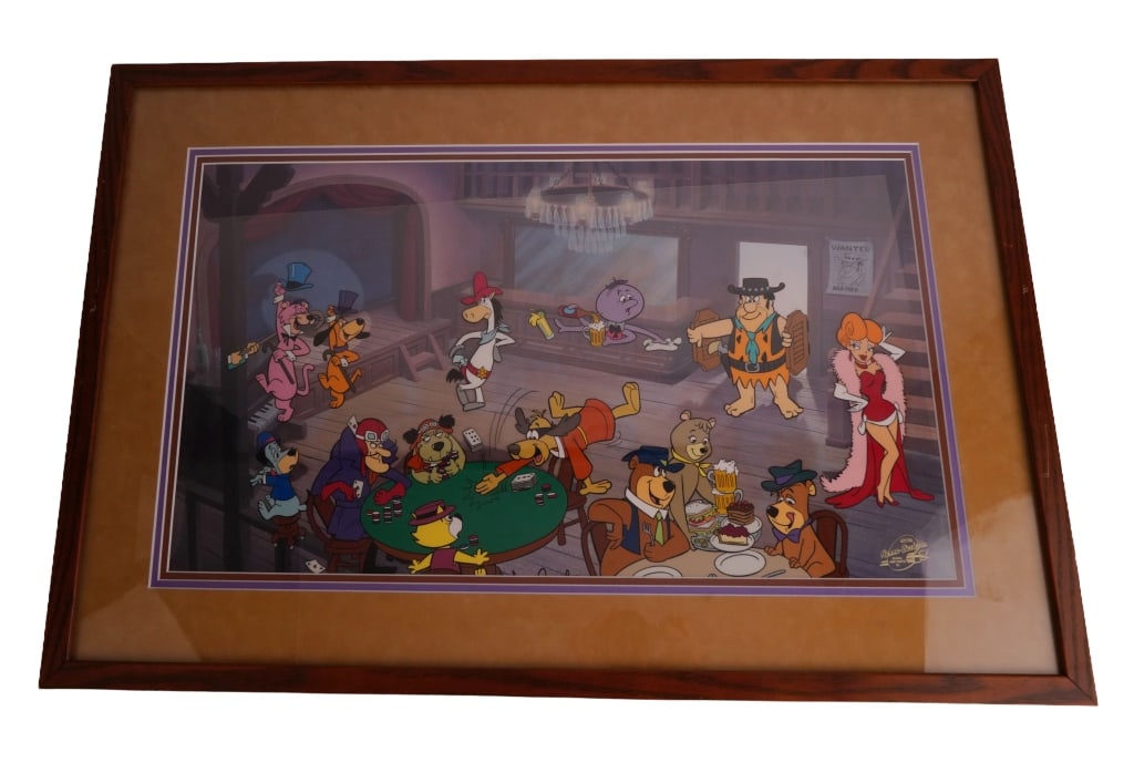 Hanna-Barbera "Cut the Deck" Animation Cel: Item/Description: Hanna-Barbera "Cut the Deck" hand-painted cartoon cel featuring Yogi Bear, Huckleberry Hound, Snagglepuss, Pixie & Dixie, and Mr. Jinks. Numbered 2891. LOA on back. Material: