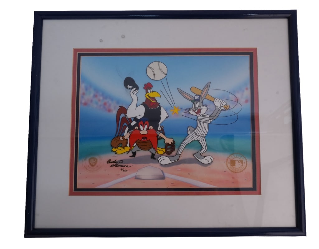 Looney Tunes "Home Run Hare" Signed Animation Cel: Item/Description: Warner Bros. Looney Tunes "Home Run Hare" New York Yankees-themed hand-painted cartoon cel. Signed by Charles O. McKimson. Limited edition numbered #4/250. COA on back. Material: Cel