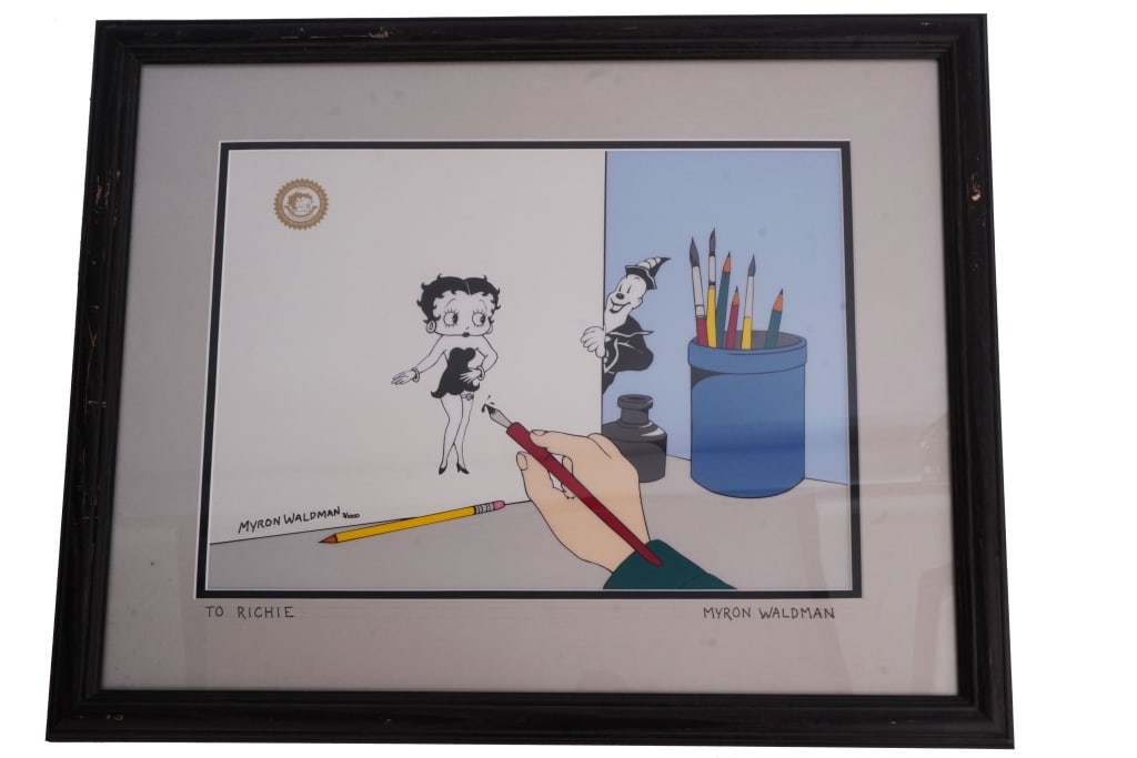 Betty Boop "Ink a Boop" Signed Animation Cel: Item/Description: "Ink a Boop" Betty Boop-themed hand-painted cartoon cel on canvas. Mat is signed by Myron Waldman and inscribed "To Richie". Limited edition signed and numbered #3/1000. LOA on