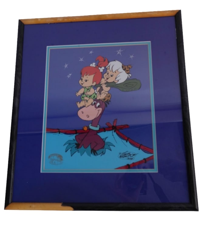 Hanna-Barbera "Dabba Doo Time" Animation Cel: Item/Description: 1996 Hanna-Barbera "Dabba Doo Time" hand-painted cartoon cel inspired by The Flintstones opening title. Gene Hazelton design. Limited edition of 2500. LOA on back. Material: