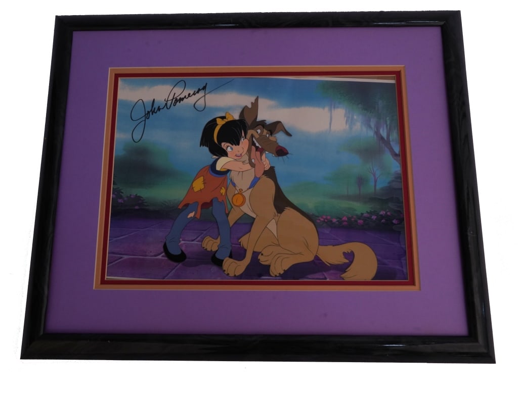 All Dogs Go to Heaven Signed Animation Cel: Item/Description: All Dogs Go to Heaven animation cel depicting Anne-Marie hugging Charlie Barkin. Signed by animator John Pomeroy. Material: Celluloid, Wood Frame Dimensions: Image size: Height: