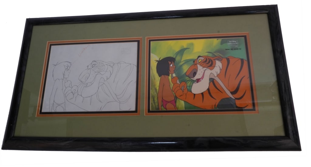 Disney Jungle Cubs Animation Cel & Concept Sketch: Item/Description: One-of-a-kind Disney Jungle Cubs hand-painted cartoon cel with original hand-drawn concept sketch featuring Shere Khan and Mowgli. Material: Celluloid, Paper, Wood Frame 