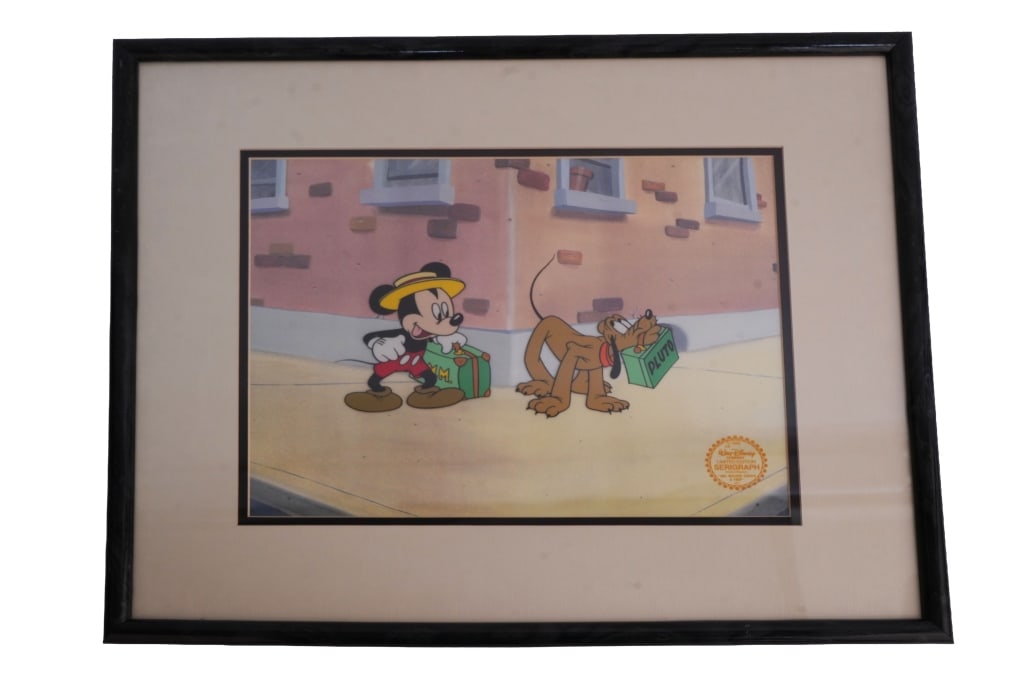 Disney "Mickey Mouse Takes a Trip" Serigraph: Item/Description: 1940 Walt Disney Company limited edition serigraph "Mickey Mouse Takes a Trip". Material: Paper, Wood Frame Dimensions: Image size: Height: 10 1/2"; Width: 14". Framed: Height: