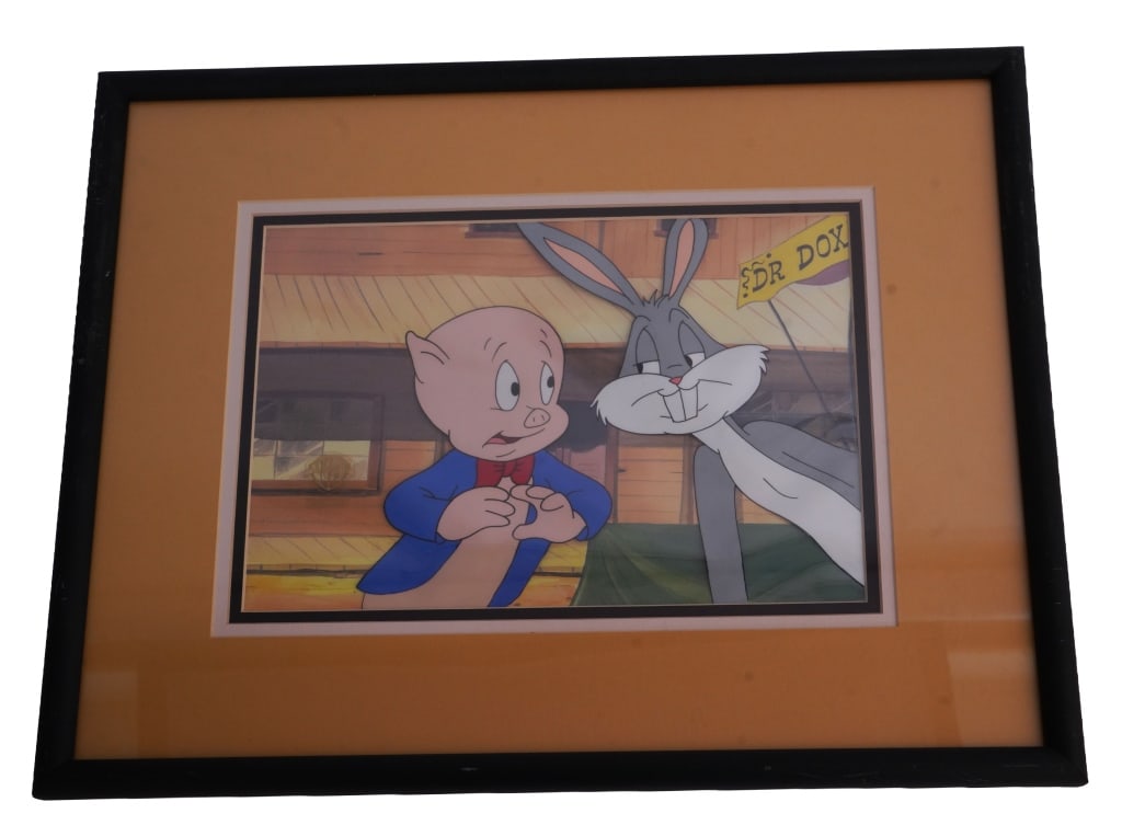 Bugs Bunny's Mad World of Television Animation Cel: Item/Description: 1979 Warner Bros. production animation cel "Bugs Bunny?s Mad World of Television" featuring Bugs Bunny and Elmer Fudd. LOA included. Material: Celluloid, Wood Frame Dimensions: Image