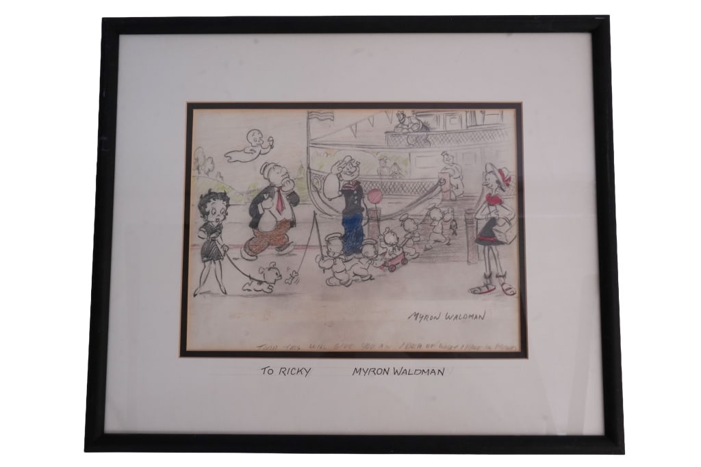 Myron Waldman Original Concept Sketch: Item/Description: Original hand-drawn concept sketch by Myron Waldman featuring Betty Boop, Popeye, and Casper the Friendly Ghost. Personalized and inscribed "To Ricky". Material: Paper, Wood Frame 