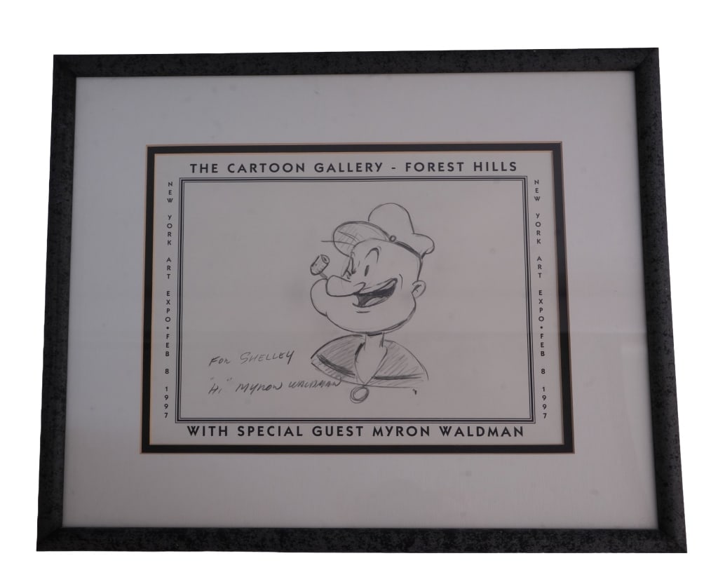 Myron Waldman Original Popeye Sketch: Item/Description: Original hand-drawn sketch of Popeye the Sailor by Myron Waldman, personalized to Shelley. Cartoon Gallery, New York Art Expo, Feb. 8, 1997. Material: Paper, Wood Frame 
