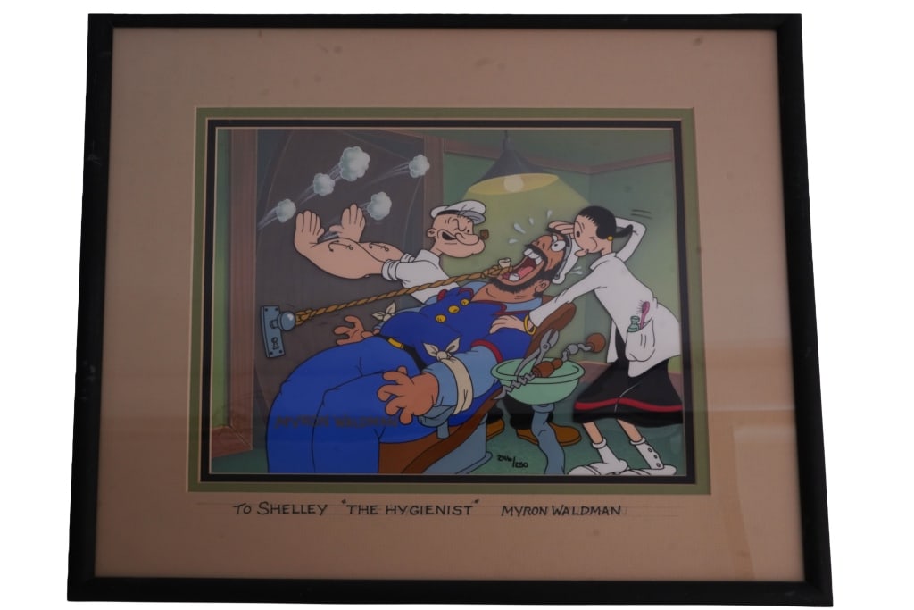 Popeye "The Big Pull" Signed Animation Cel: Item/Description: "The Big Pull" hand-painted cartoon cel featuring Popeye in a dentist?s chair with Bluto and Olive Oyl. Signed and dedicated by Myron Waldman. Limited edition numbered #246/250. 
