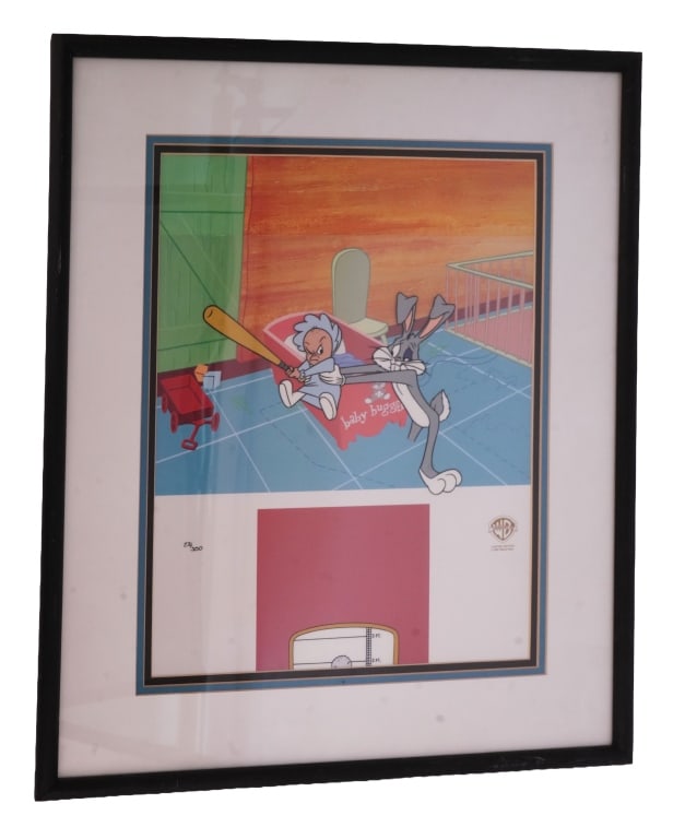 Warner Bros. Baby Bugs Bunny Finster Animation Cel: Item/Description: 1997 Warner Bros. limited edition "Baby Bugs Bunny - Baby Faced Finster" cartoon cel. Limited edition numbered #274/350. Material: Celluloid, Wood Frame Dimensions: Image size: Heigh