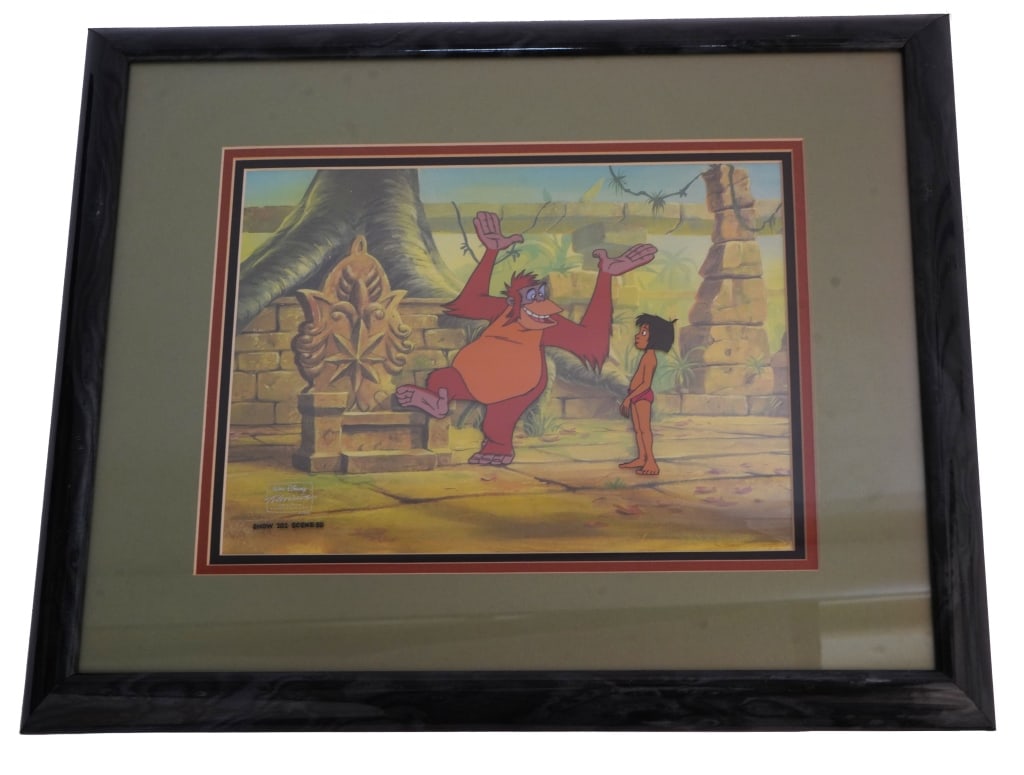 Disney "Monkey Business" Animation Cel: Item/Description: Original Walt Disney hand-painted cartoon cel from "Monkey Business" episode of Disney?s Jungle Cubs featuring Mowgli and King Louie. COA on back. Material: Celluloid, Wood Frame 