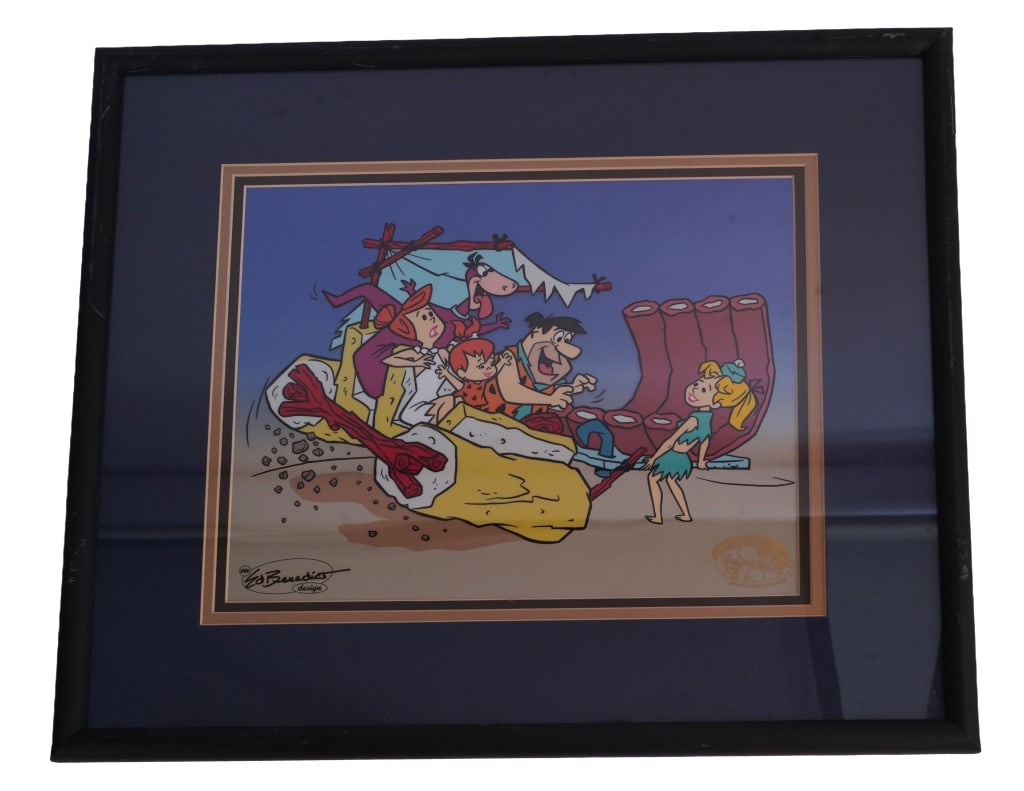 Hanna-Barbera "Fred's Big Trip" Animation Cel: Item/Description: Limited edition Hanna-Barbera "Fred?s Big Trip" cartoon cel from The Flintstones, Ed Benedict design. Material: Celluloid, Wood Frame Dimensions: Image size: Height: 10 1/2"; Width:
