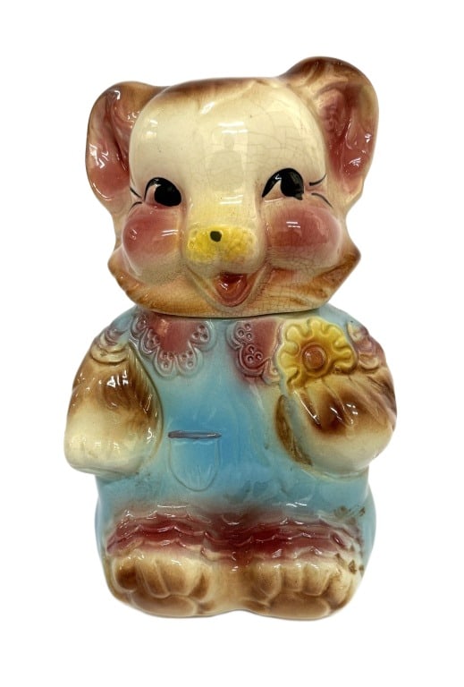 1950s Bisque Ceramic Teddy Bear Cookie Jar: Item/Description: Vintage American Bisque Company ceramic teddy bear cookie jar, produced in the 1950s. A popular collectible known for its hand-painted details and mid-century kitsch style. The bear