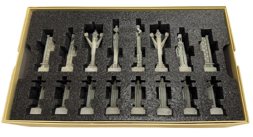 Frank Lloyd Wright Midway Gardens Chess Set: Item/Description: Architectural chess set produced under license from the Frank Lloyd Wright Foundation, featuring 32 cold-cast resin pieces modeled after the "Sprite" sculptures and related