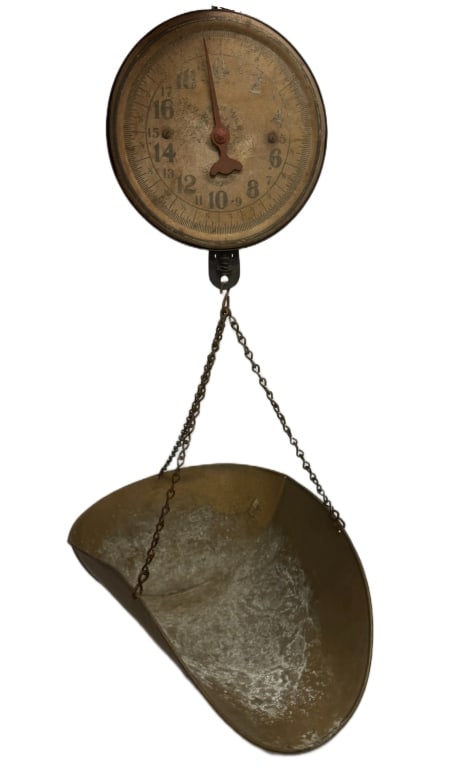 Mid-Century Heavy-Duty Hanging Scale: Item/Description: Vintage, heavy-duty hanging scale made by Penn Scale Mfg. Co. identified by its V-10 model/serial, used in NYC and Pennsylvania, indicating it's an approved, durable type for commerc