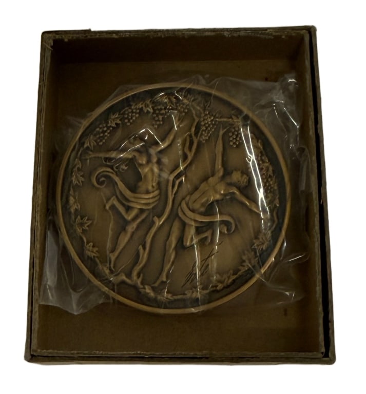 Erte Above & Below Bronze Medallion 67/1500: Item/Description: Erte Design Collection 'Above & Below' bronze medallion numbered 67/1500 by Russian-French artist Romain de Tirtoff (1892-1990). Marked 1988 Sevenarts, Endurant NY.Romain de Tirtoff,