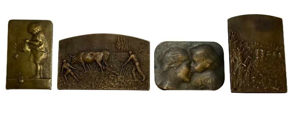 French Art Nouveau Signed Bronze Medals: Item/Description: Four European cast bronze high-relief art plaques featuring pastoral and sentimental themes, dating from approximately 1890 to 1930. Signed by artists, Ovide Yencesse, Orphee