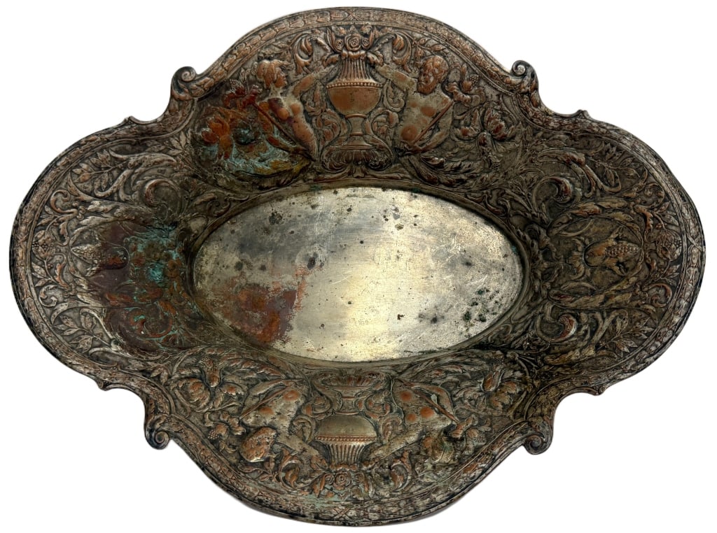 Antique Art Nouveau Silverplate Serving Dish: Item/Description: Antique Art Nouveau / Baroque Revival oval serving dish in silver-plate over copper. The shaped, scalloped form features extensive high-relief repousse and chased decoration, with a